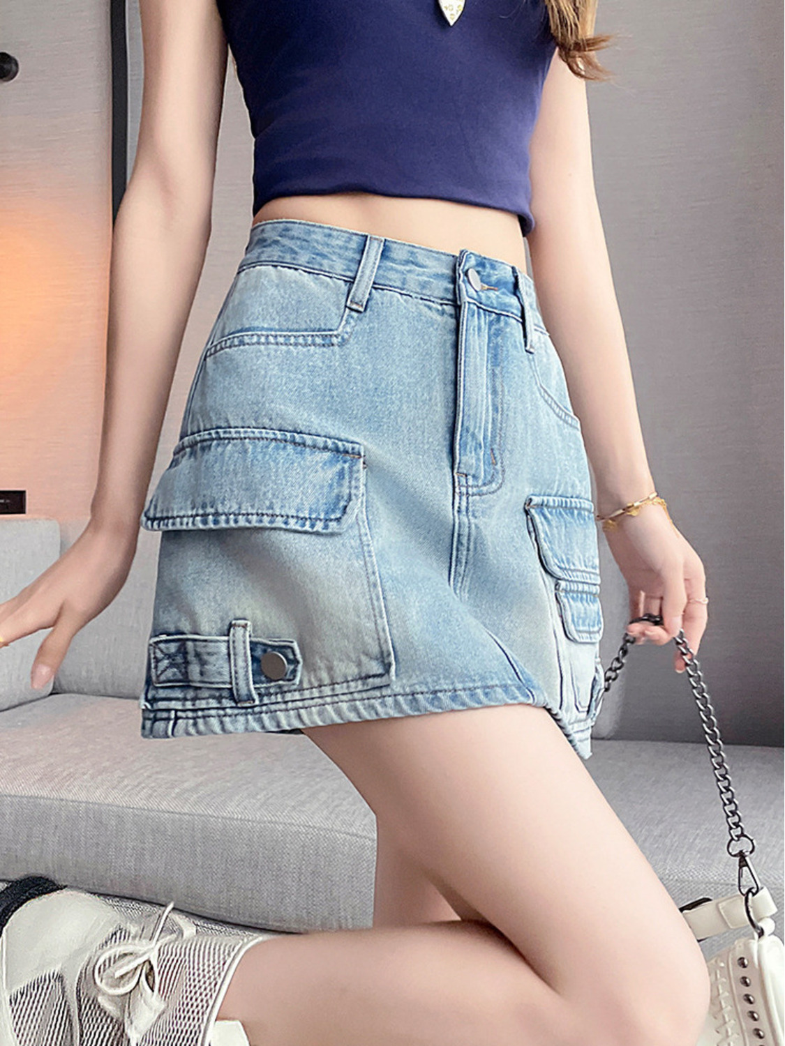 Women High Waist Cargo Denim M - Fly Line ulasan dan harga